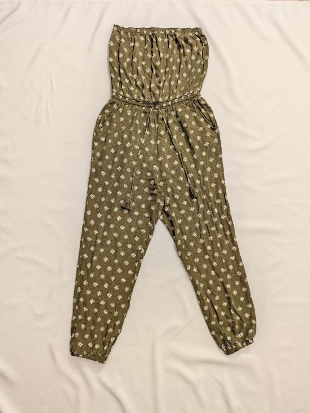 Forever 21 Olive Printed Strapless Jumpsuit